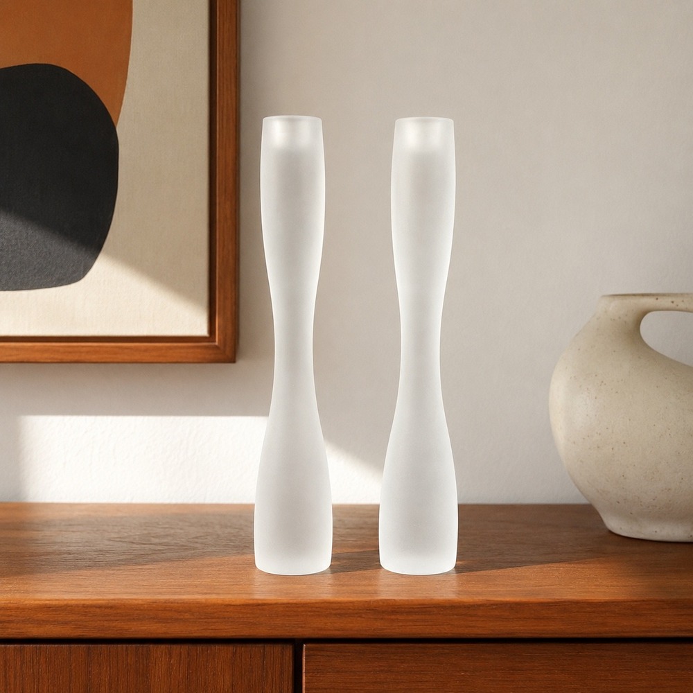 Iittala Marcel Frosted‎ Glass Candlesticks Pair Timo Sarpaneva Finland 12"